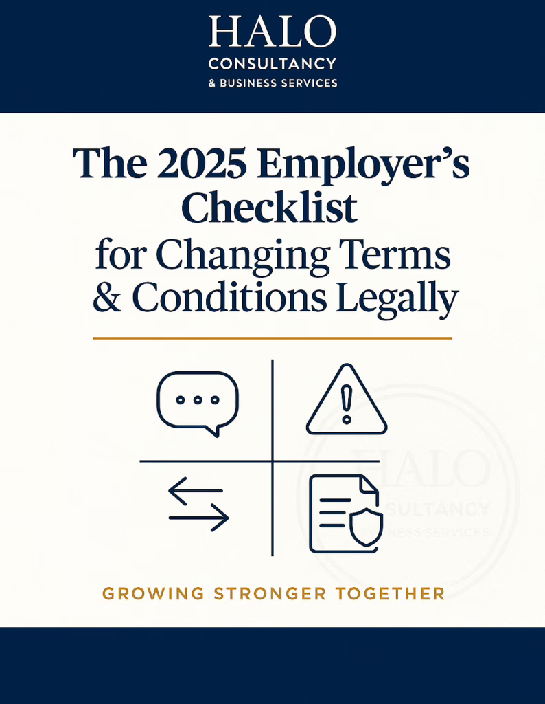 The 2025 Employer’s Checklist for Changing Terms and Conditions Legally – Halo Consultancy branded cover with icons and tagline.